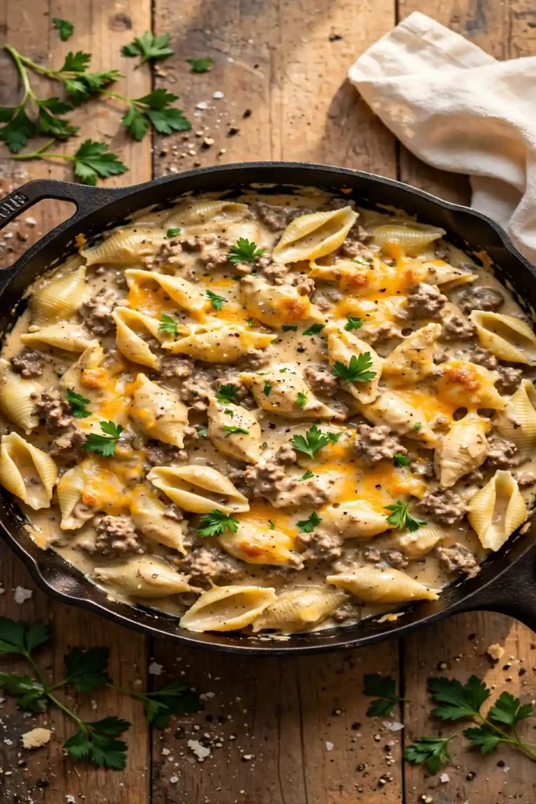 Skillet of shell pasta in rich creamy beef sauce with melted cheese and parsley