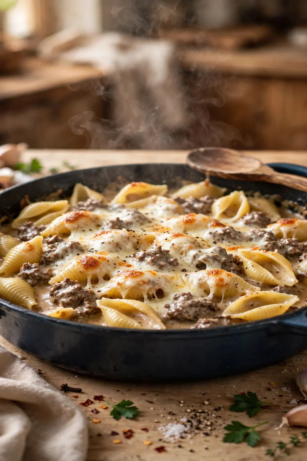 One pot shell pasta with creamy beef sauce and melted mozzarella in a deep pan