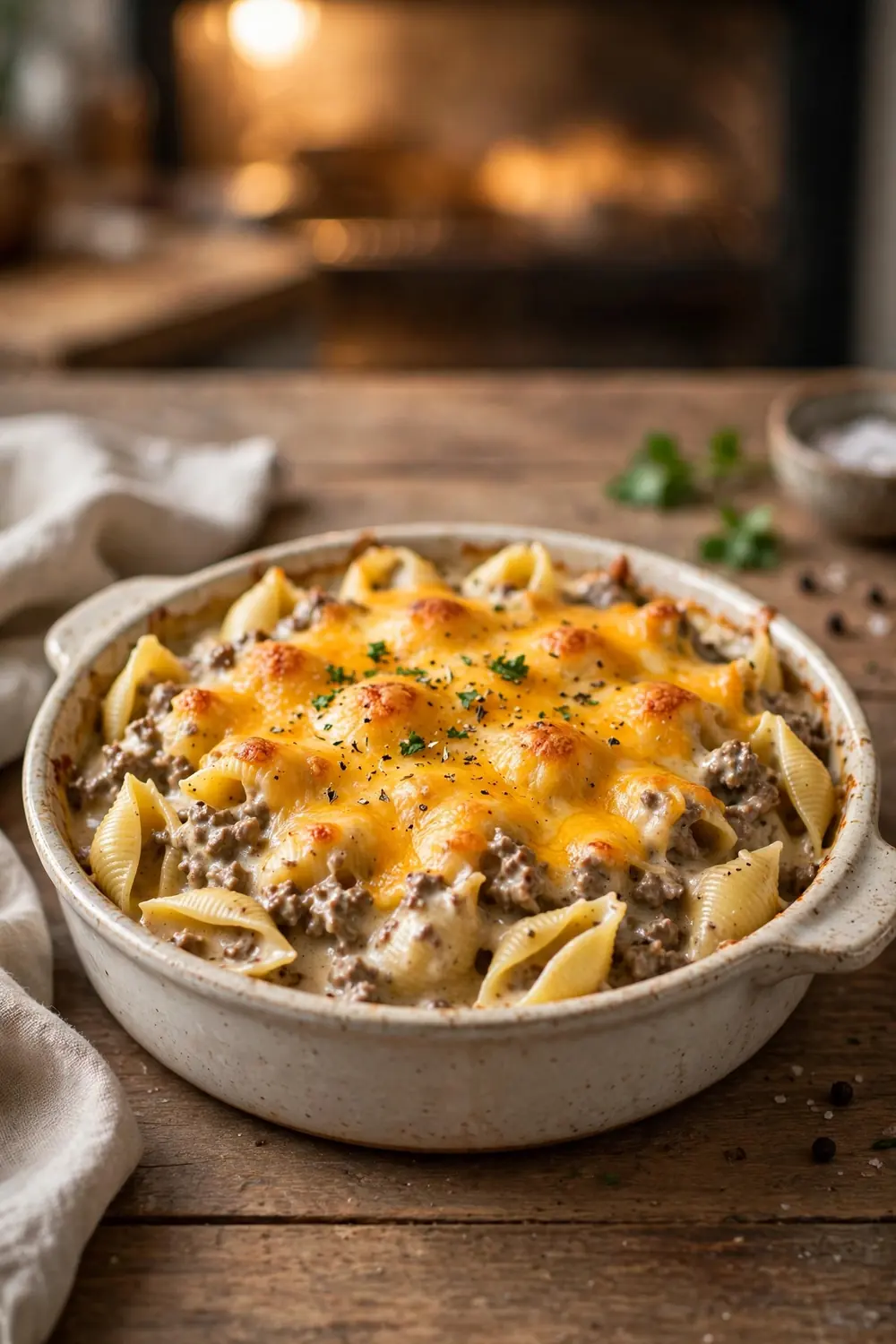 Baked casserole of shell pasta in creamy beef sauce with golden bubbling cheese top