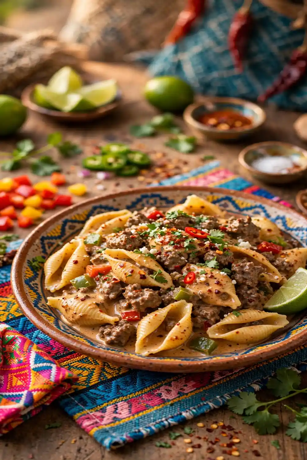 Spicy taco seasoned shell pasta with creamy beef sauce, peppers, and cilantro