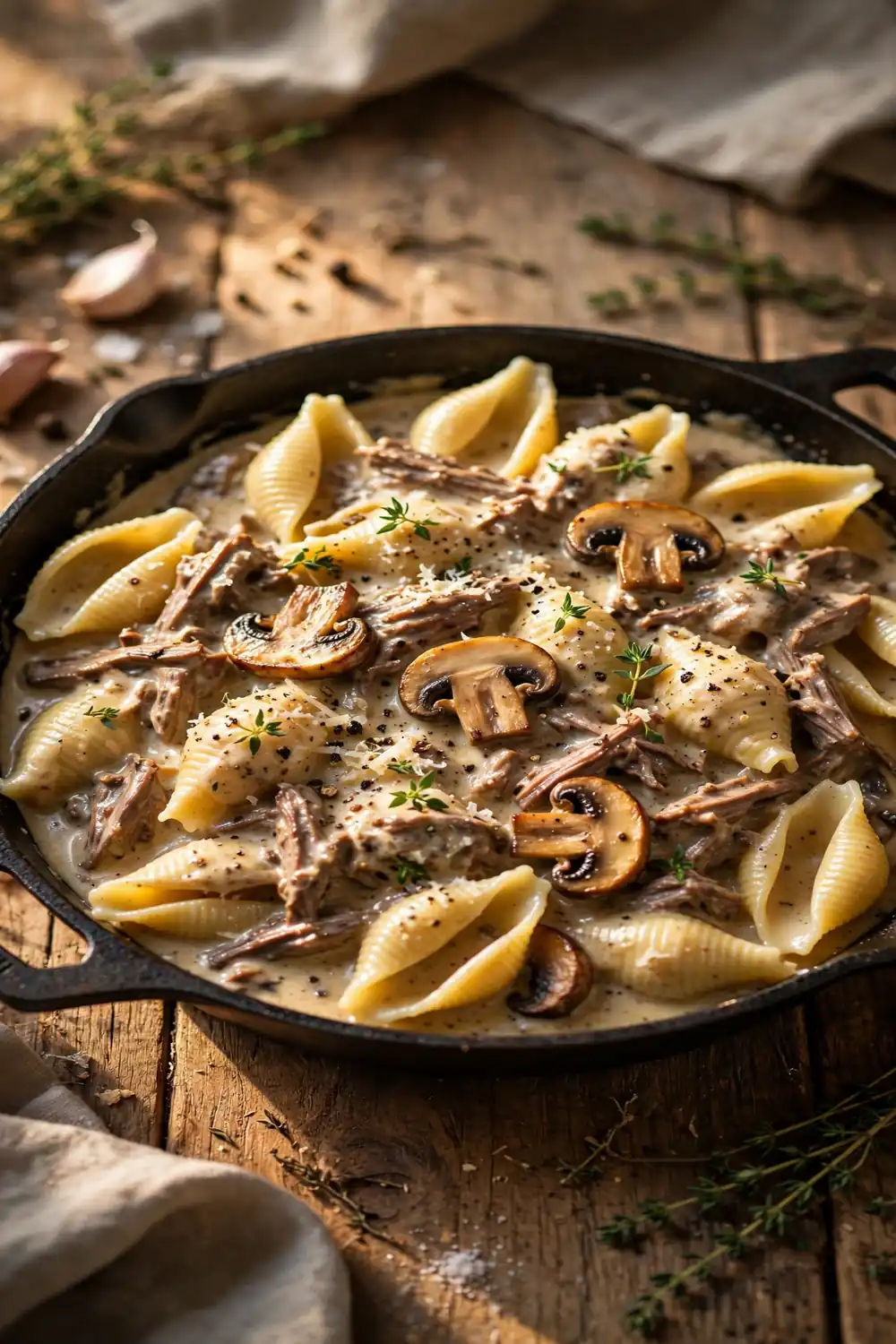 Shell pasta in creamy beef and mushroom sauce with thyme in a rustic skillet