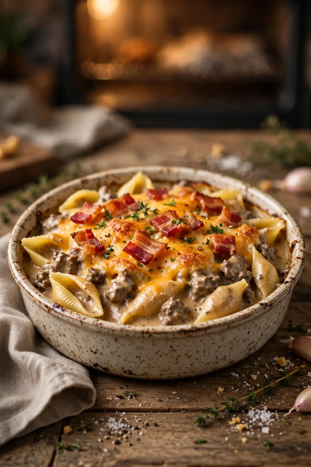 Baked shell pasta with creamy beef sauce, crispy bacon, and melted cheddar