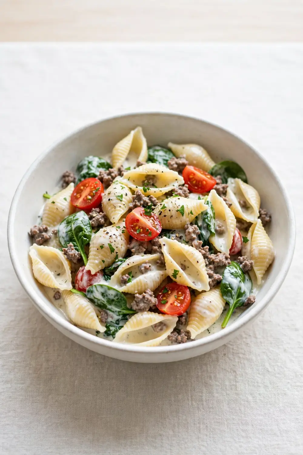 Lighter shell pasta with lean beef, creamy yogurt sauce, spinach, and tomatoes