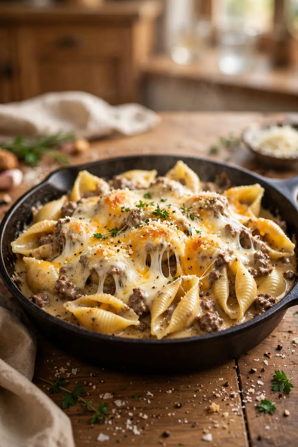Shell pasta in creamy beef sauce with three melted cheeses stretching over the pan