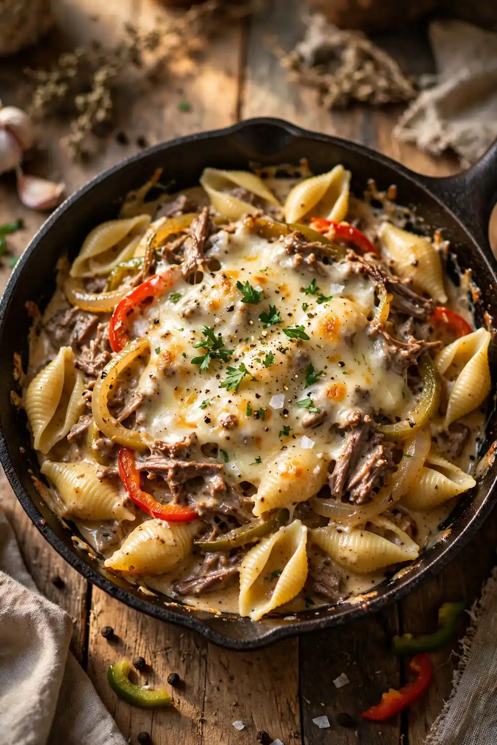Shell pasta with creamy beef sauce, sauteed peppers, onions, and provolone