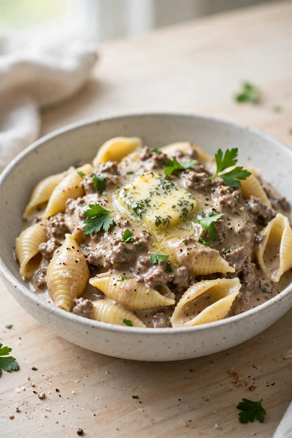 Shell pasta in creamy beef sauce finished with herb butter and fresh parsley