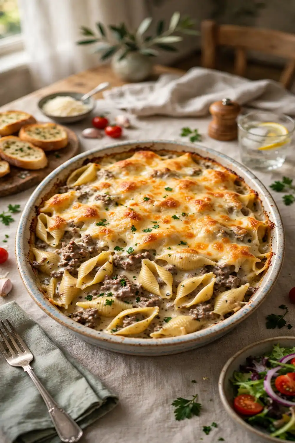 Large family casserole of shell pasta in creamy beef sauce with golden cheese