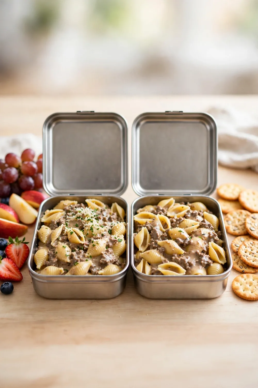 Lunchbox portions of shell pasta in creamy beef sauce with fruit and crackers