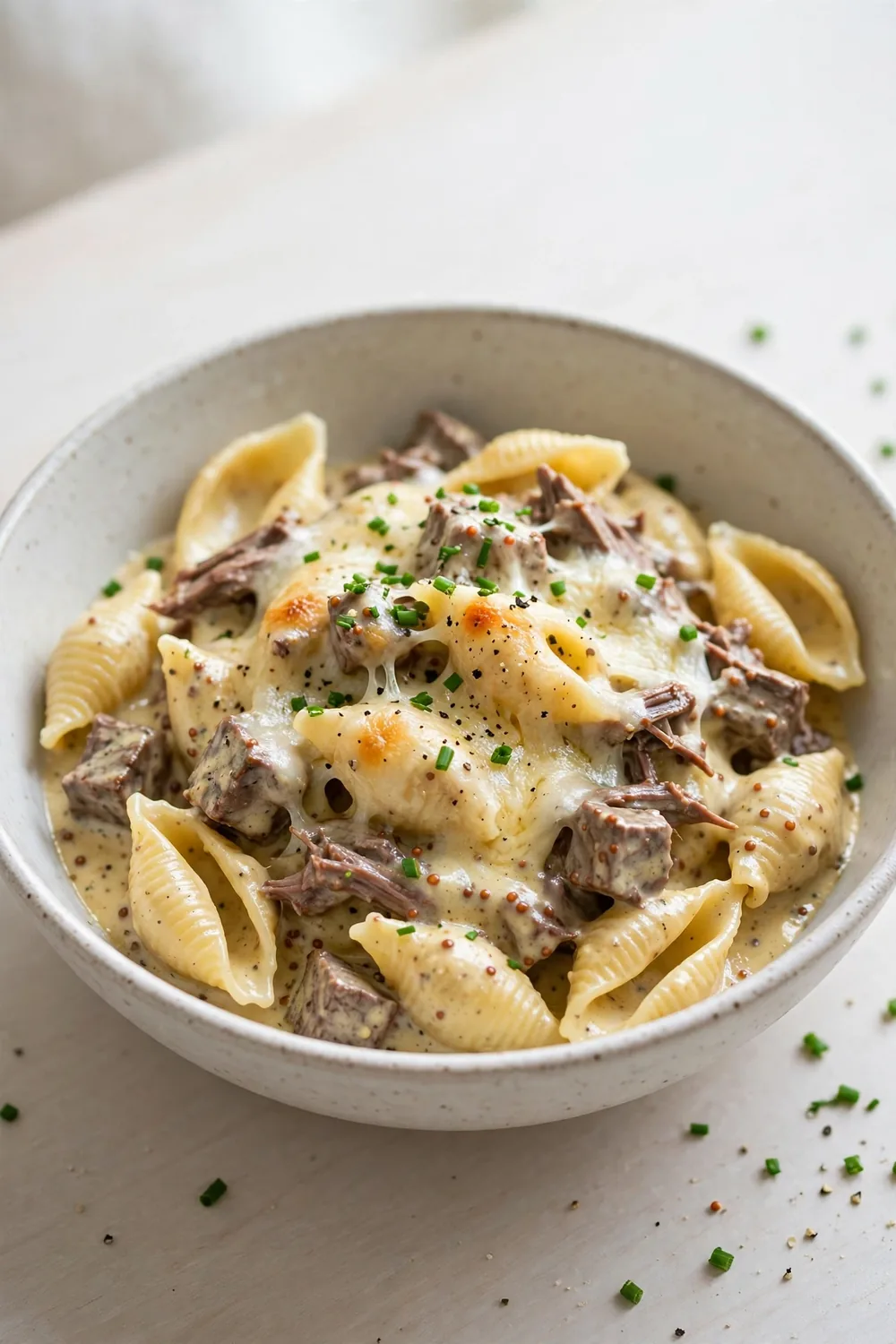 Shell pasta in creamy Dijon beef sauce with mustard swirl and chives