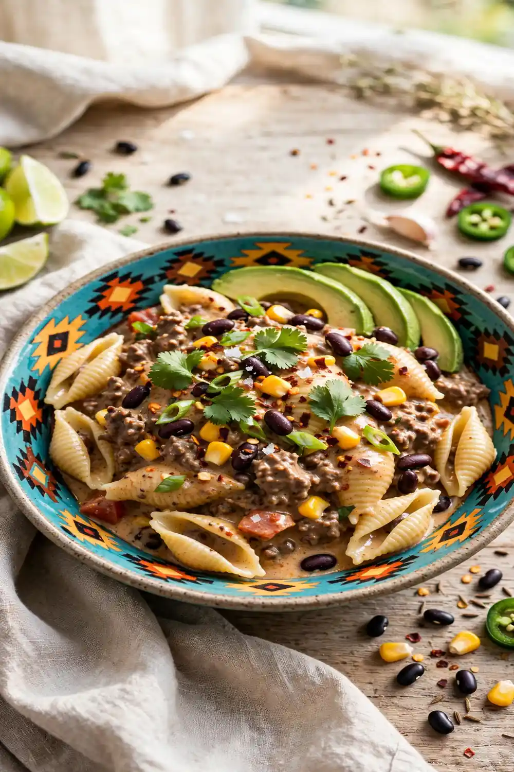 Southwest shell pasta with creamy beef sauce, black beans, corn, and avocado