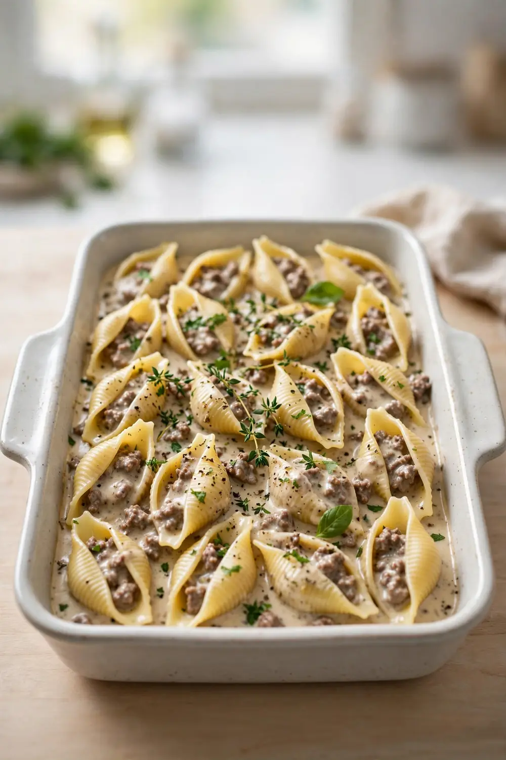 Make ahead shell pasta in creamy beef sauce assembled in a baking dish