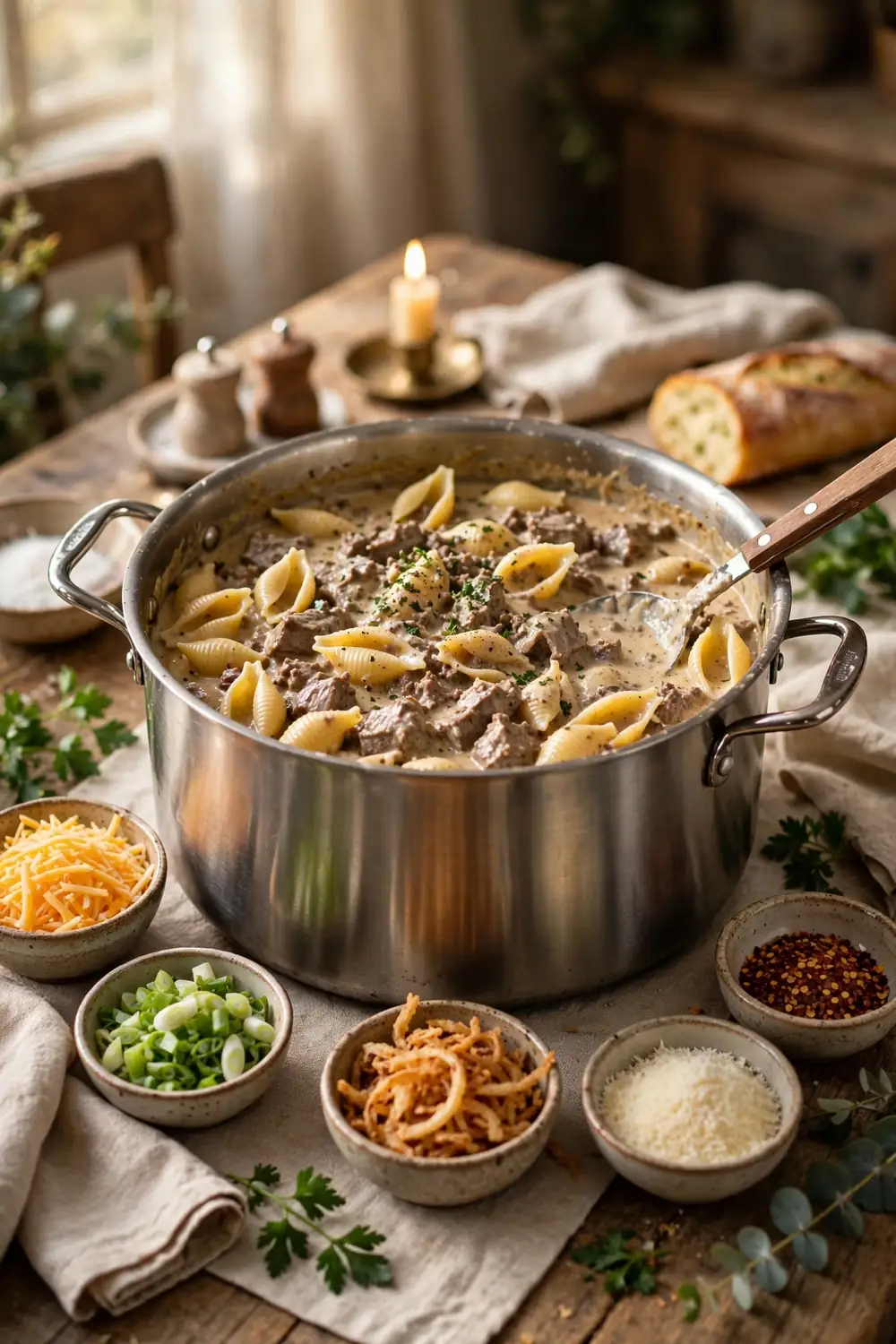 Large pot of shell pasta in creamy beef sauce for a crowd with serving spoon