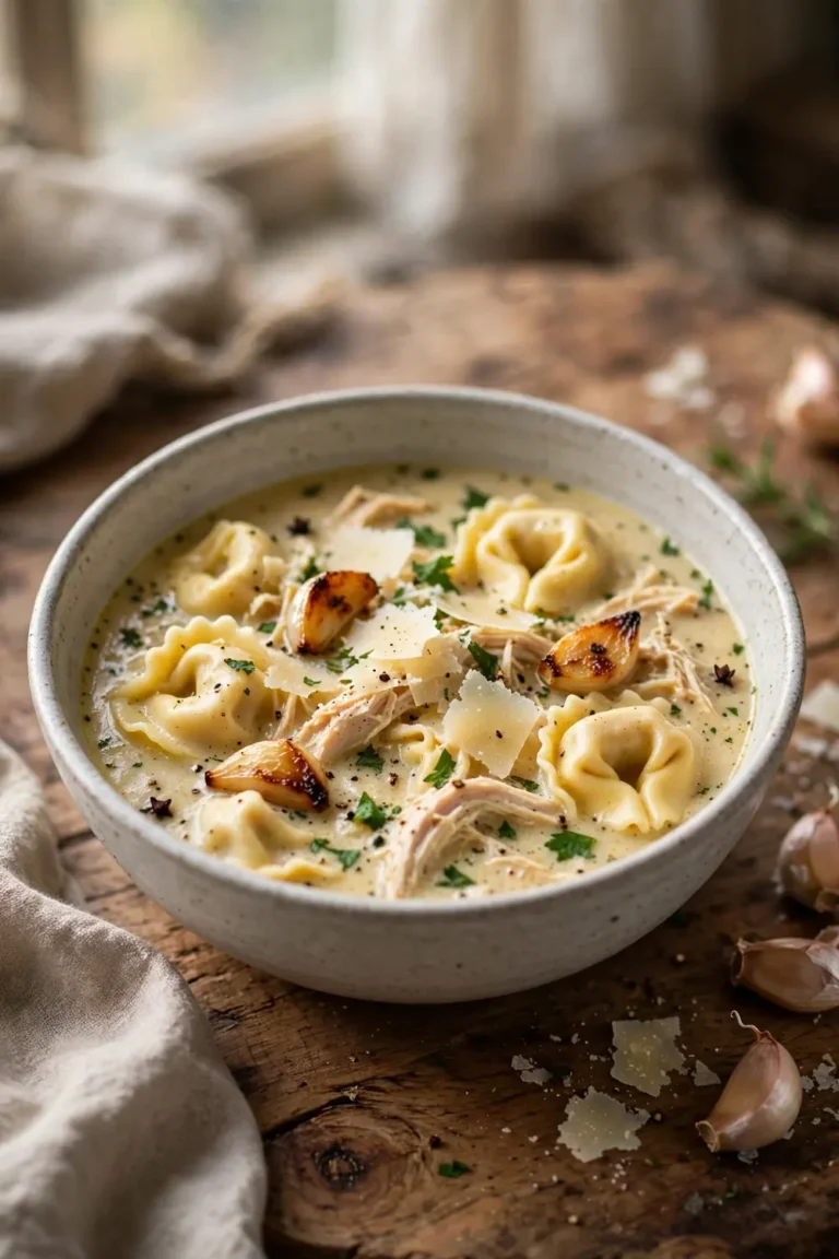 Creamy tortellini soup with chicken, parmesan, and herbs in a bowl