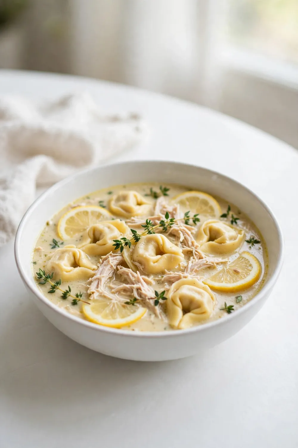 Creamy tortellini soup with chicken, lemon, and fresh herbs in a bowl