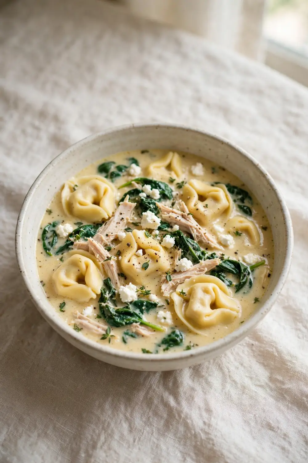 Creamy tortellini soup with chicken, spinach, and feta in a bowl