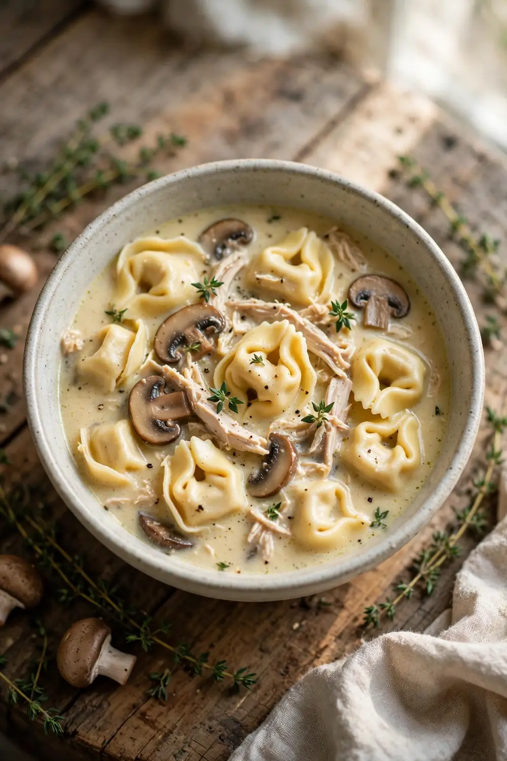 Creamy tortellini soup with chicken, mushrooms, and thyme in a bowl