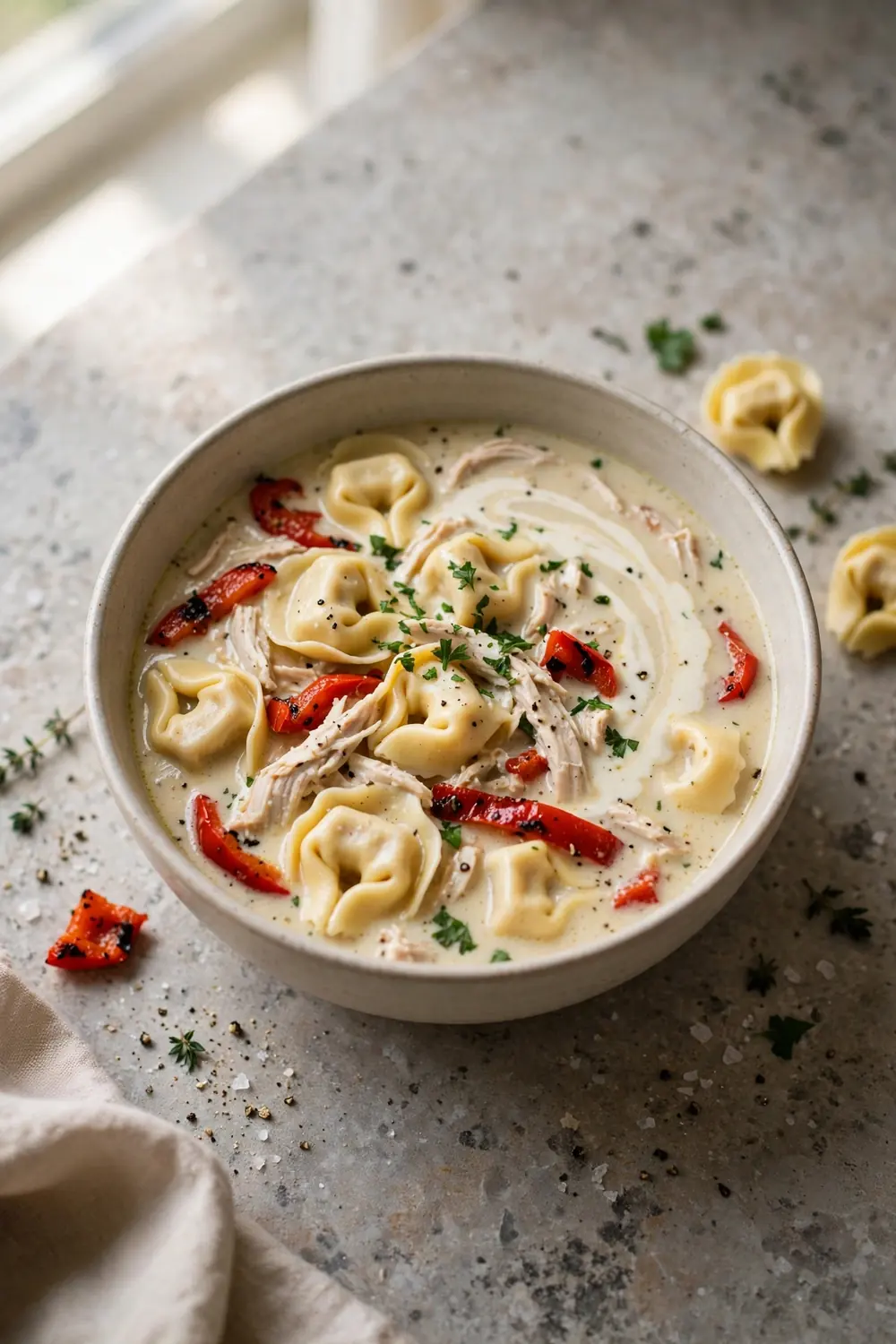 Creamy tortellini soup with chicken and roasted red peppers in a bowl