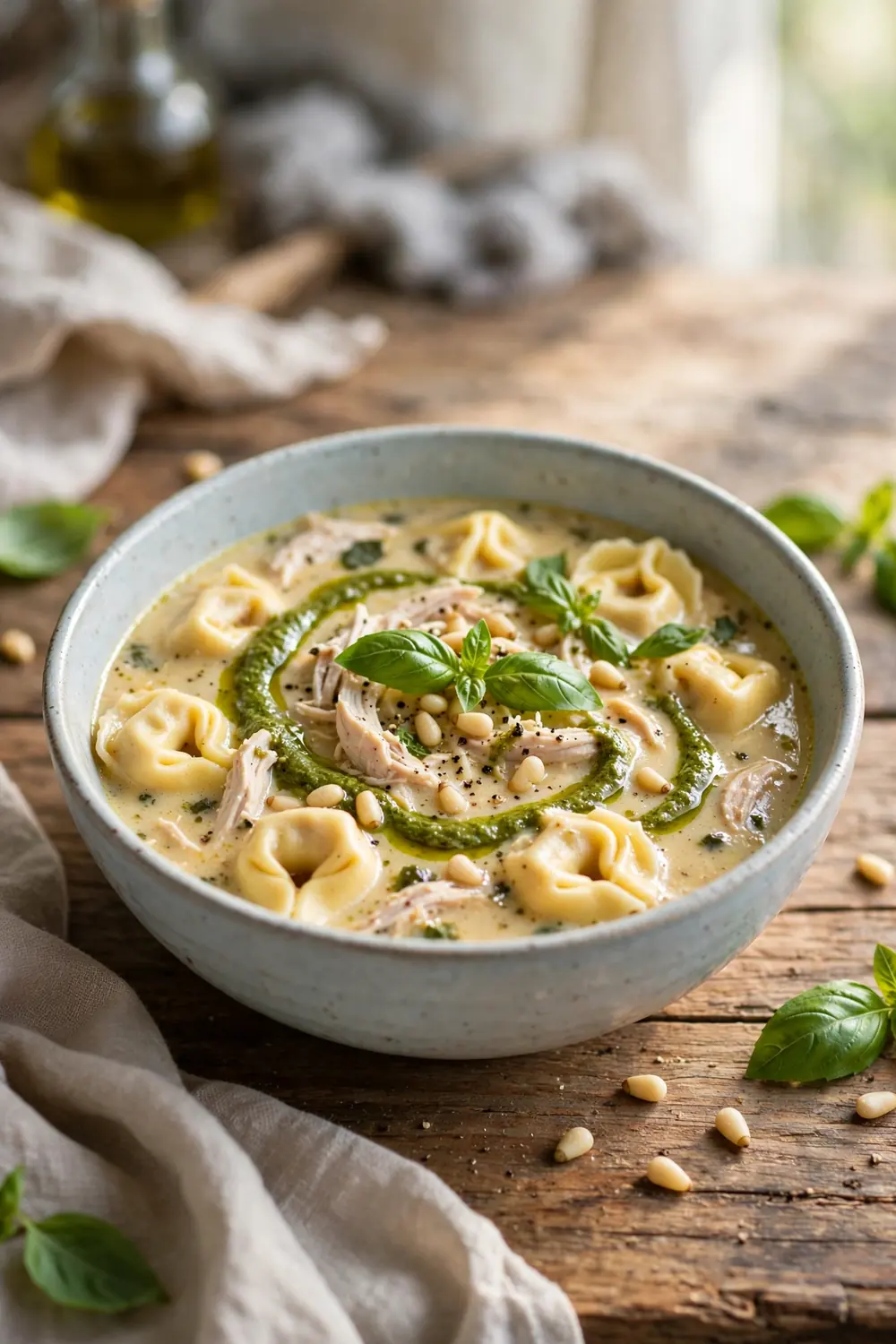 Creamy tortellini soup with chicken and a pesto swirl in a bowl
