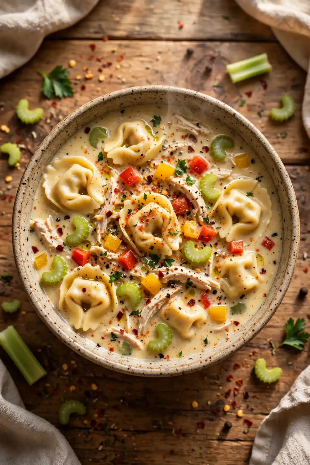 Creamy tortellini soup with chicken and Cajun spices in a bowl
