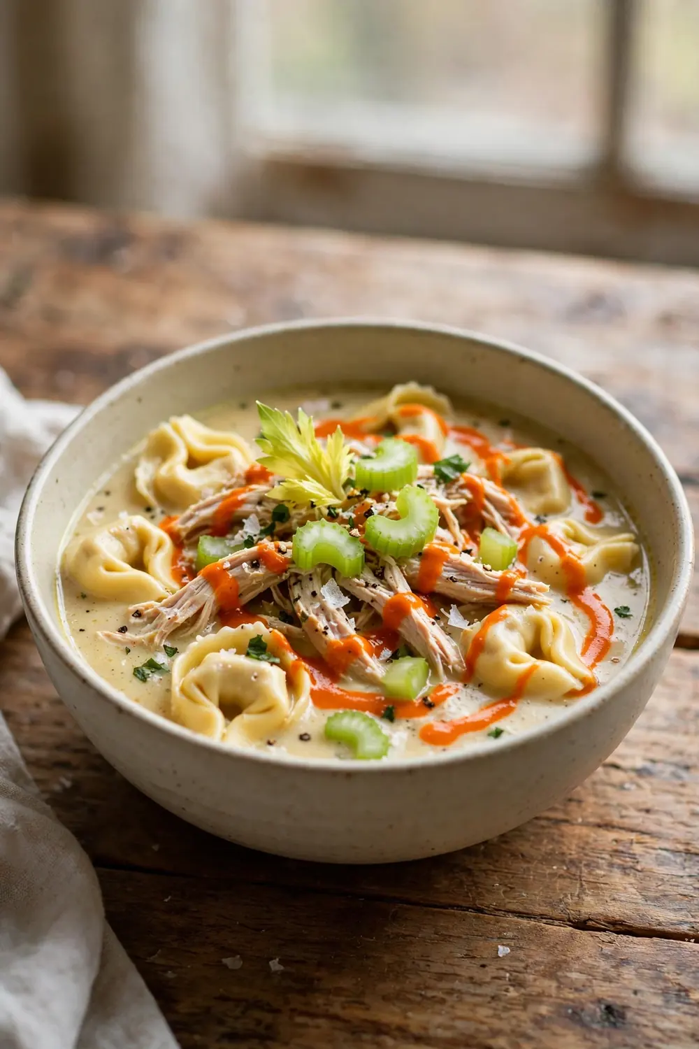 Creamy tortellini soup with chicken, buffalo sauce, and ranch in a bowl