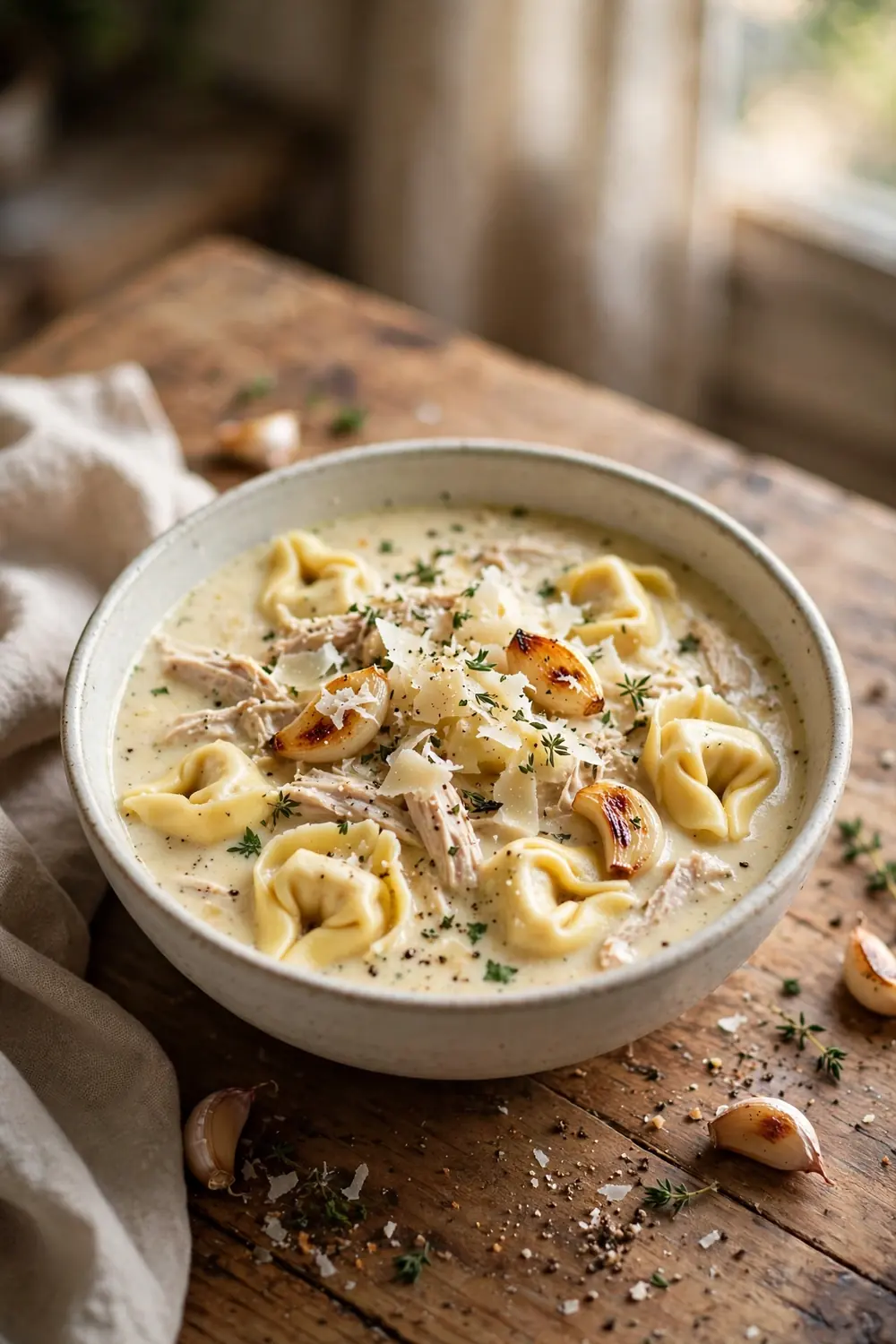 Creamy tortellini soup with chicken and roasted garlic in a bowl