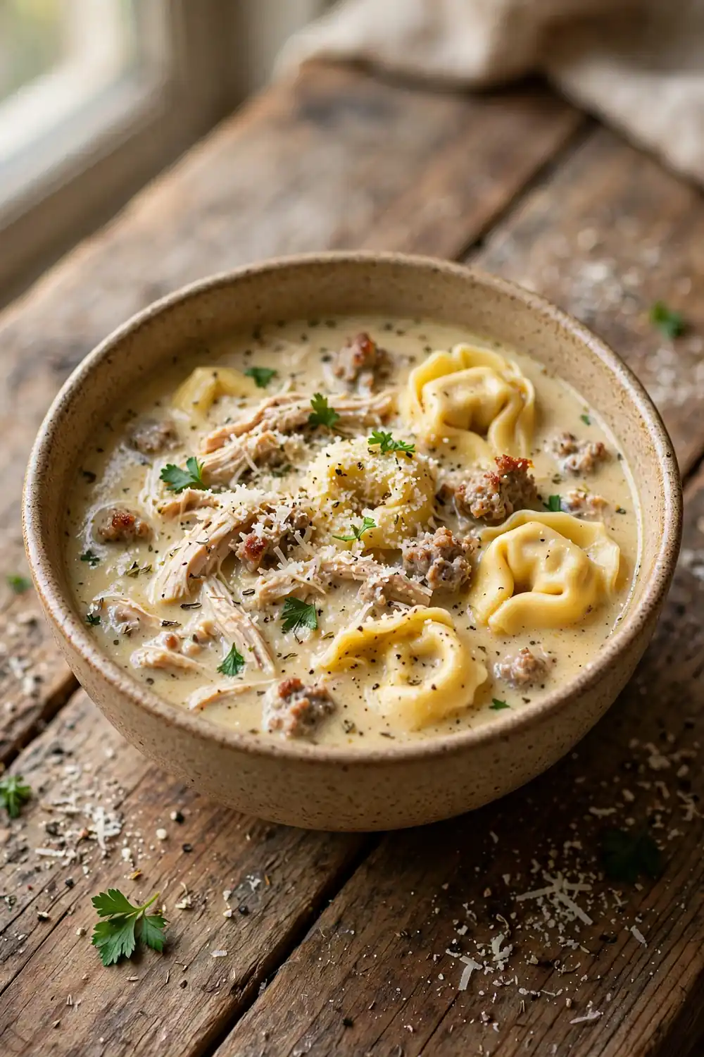 Creamy tortellini soup with chicken and sausage in a bowl