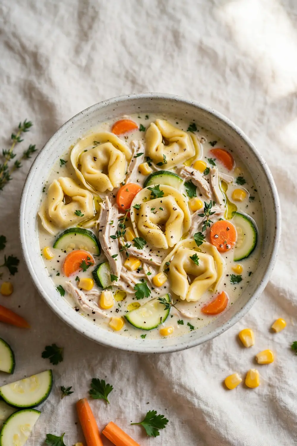 Creamy tortellini soup with chicken and harvest vegetables in a bowl