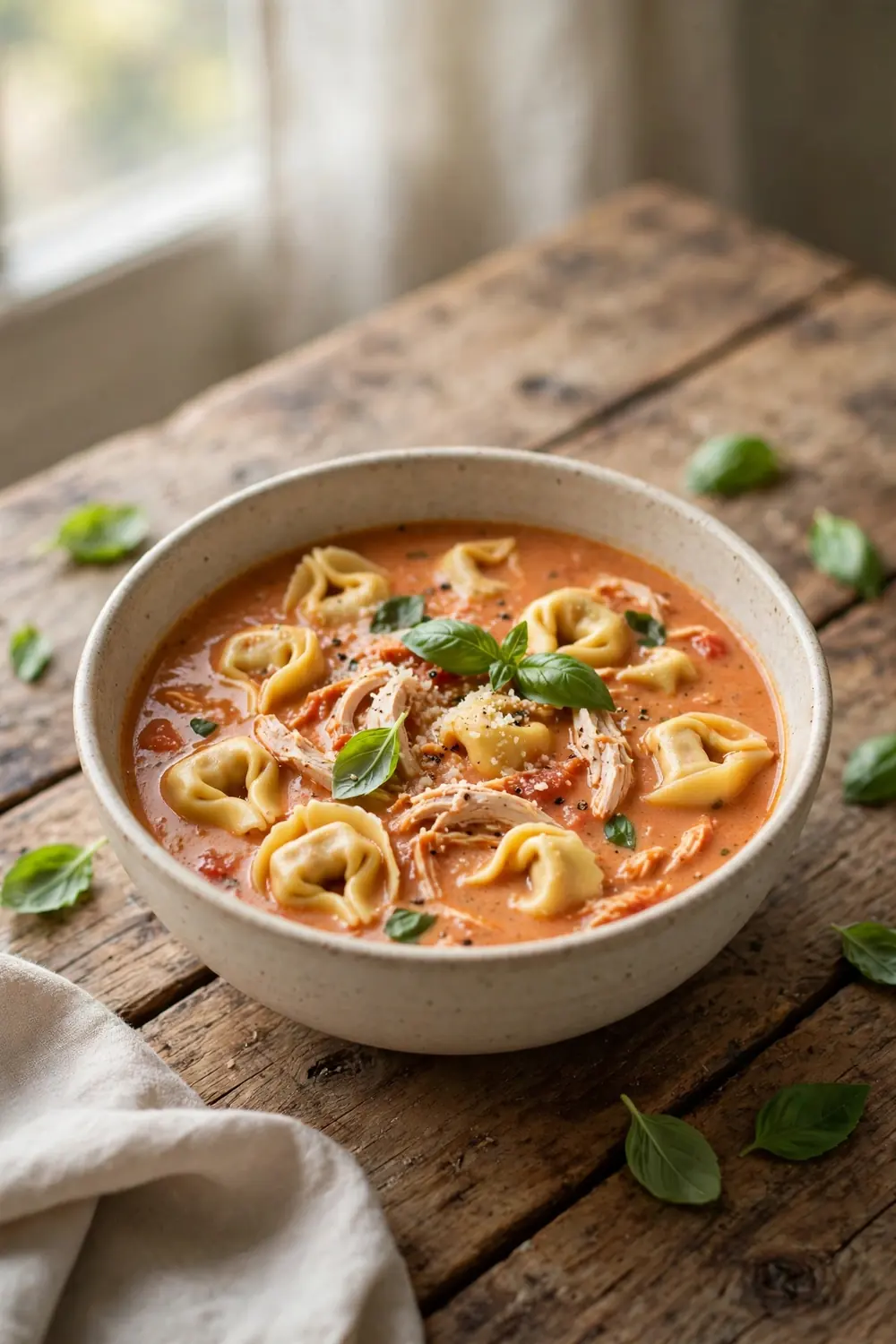 Creamy tortellini soup with chicken in a tomato bisque style broth in a bowl