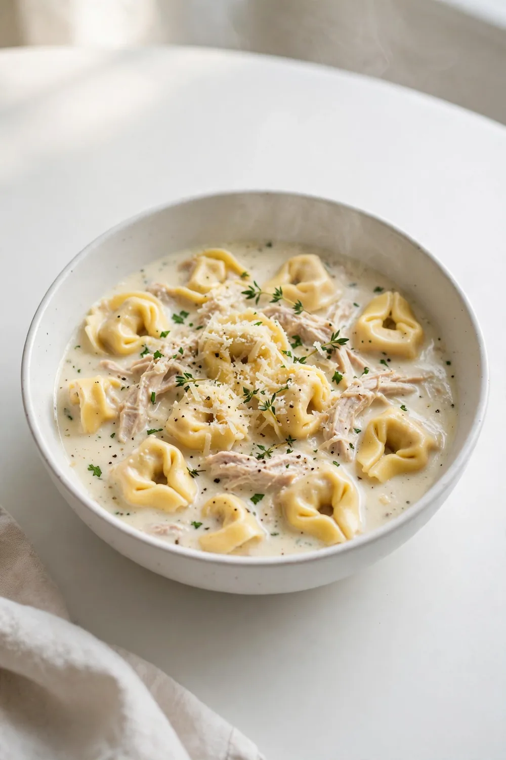 Creamy tortellini soup with chicken in an Alfredo style sauce in a bowl
