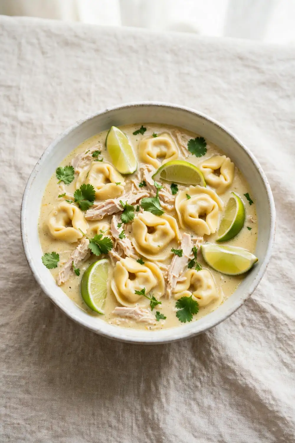 Creamy tortellini soup with chicken, lime, and cilantro in a bowl
