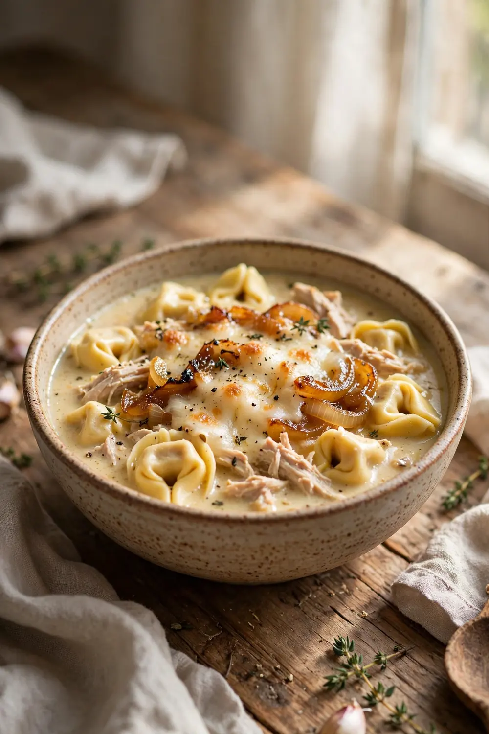 Creamy tortellini soup with chicken, caramelized onions, and Gruyere in a bowl