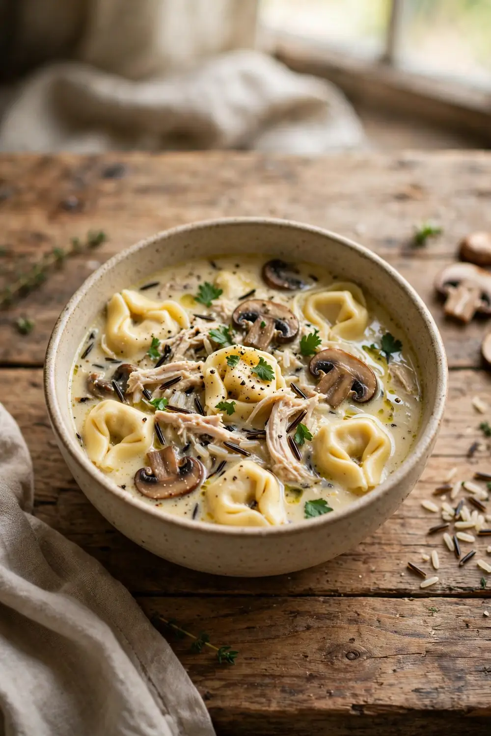 Creamy tortellini soup with chicken and wild rice in a bowl