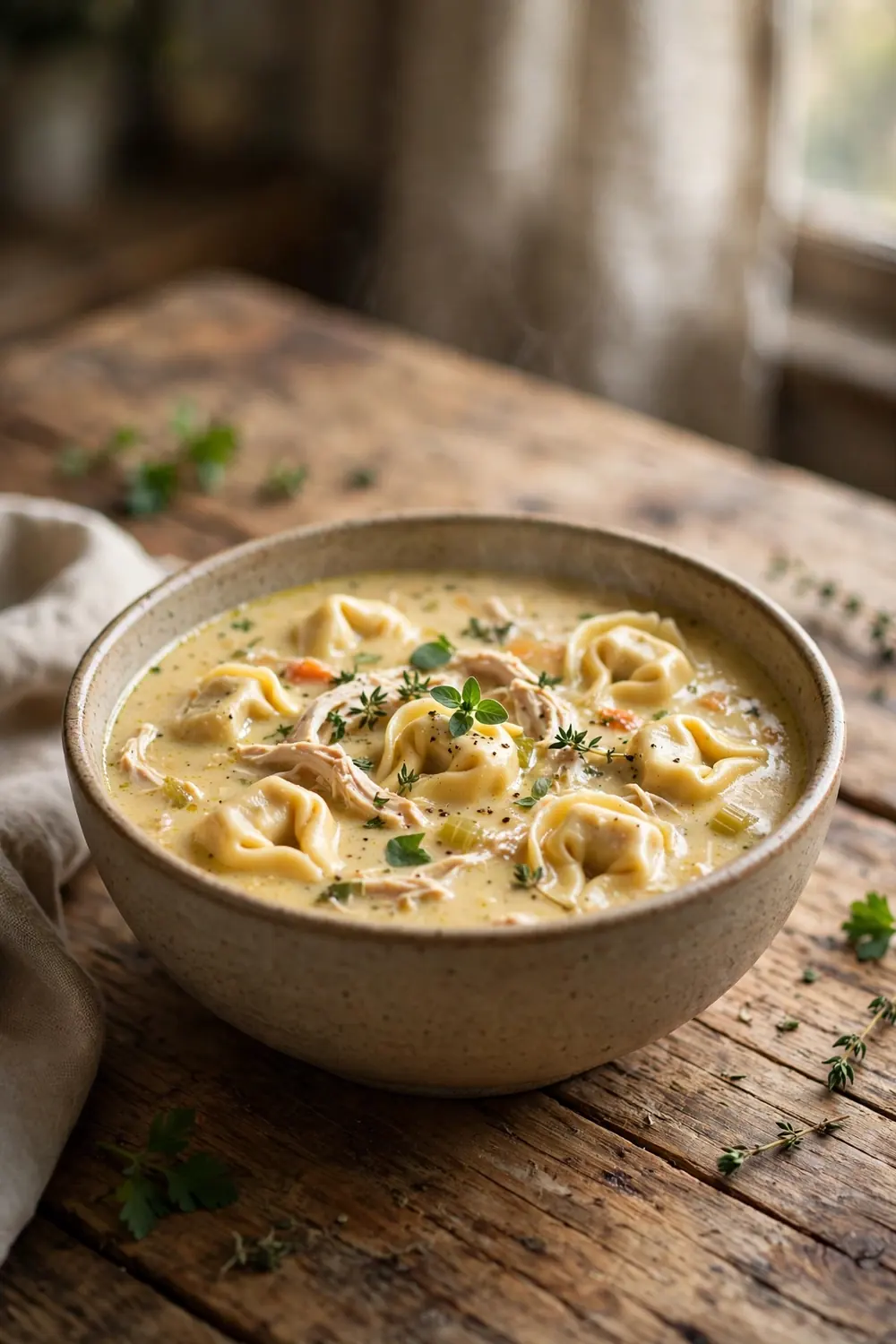 Creamy tortellini soup with chicken from a slow cooker in a bowl