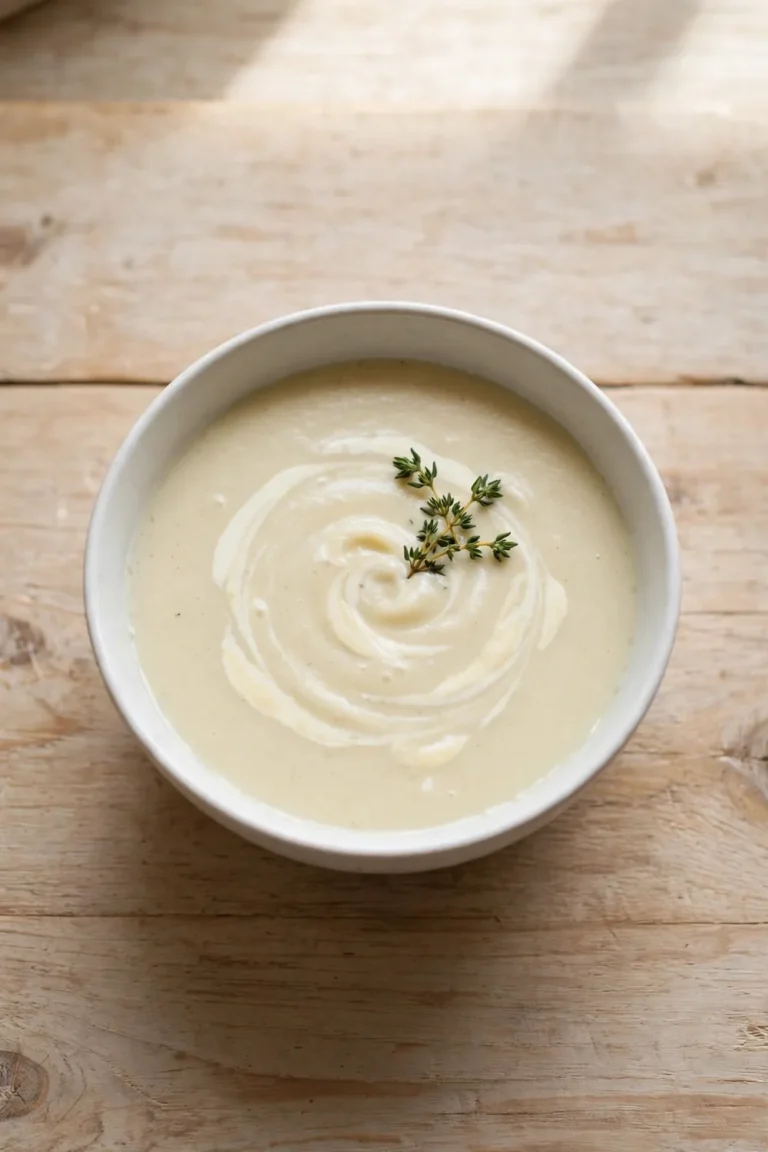 Smooth pale parsnip soup with a cream swirl and fresh thyme in a white bowl