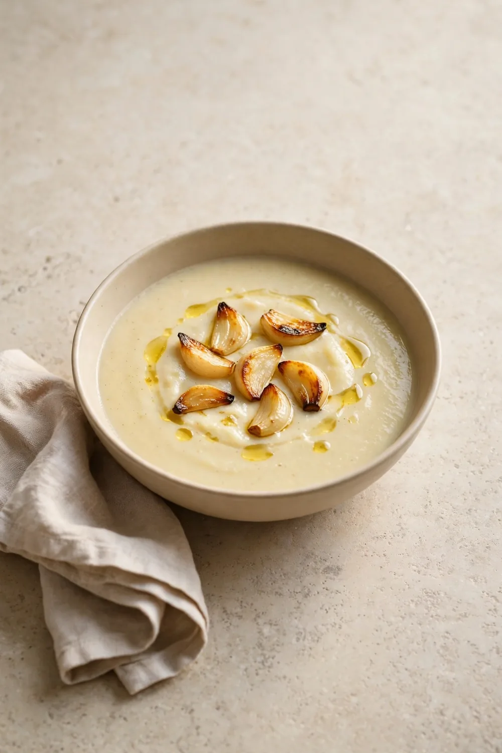 Parsnip soup topped with roasted garlic cloves and olive oil in a beige bowl