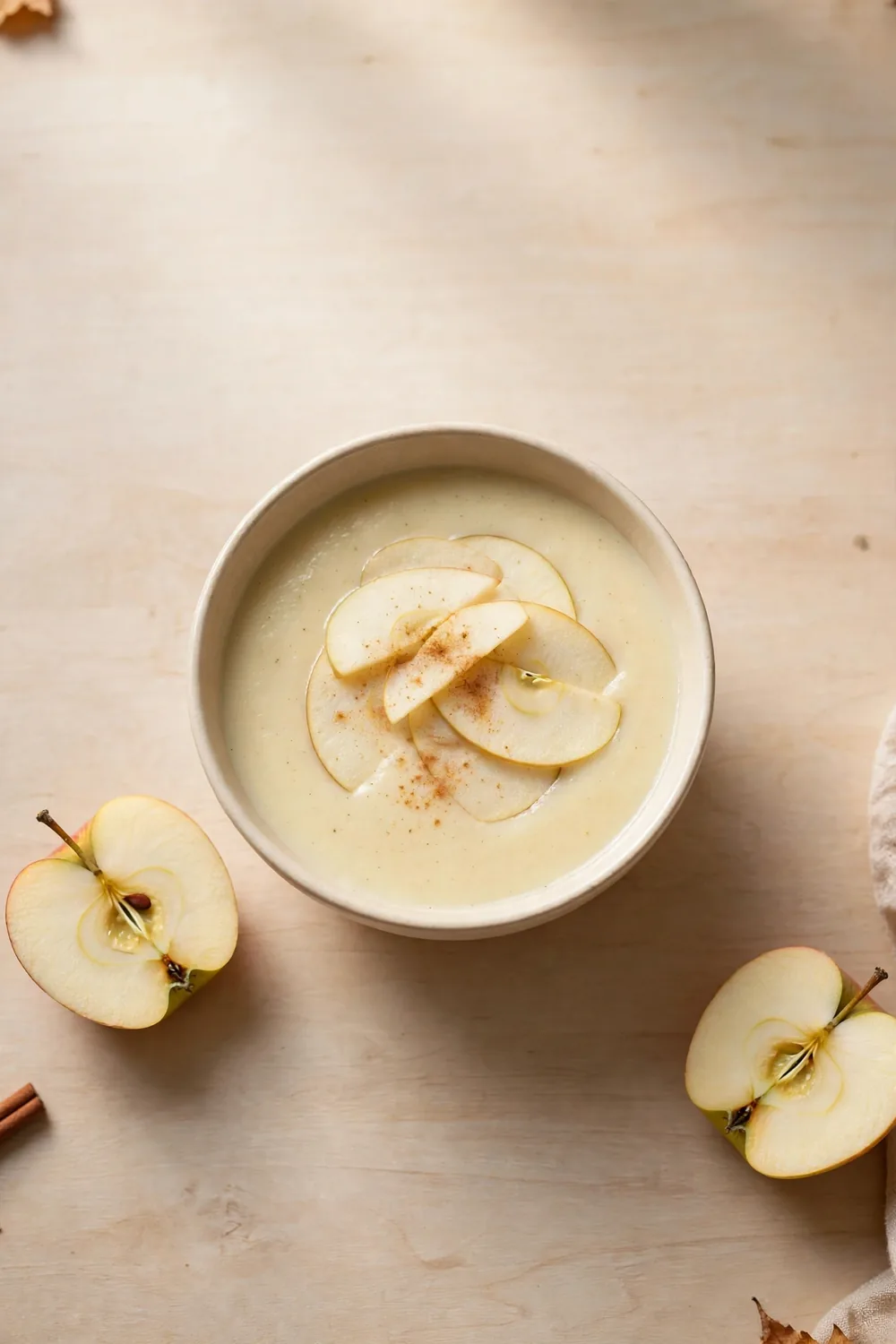 Parsnip soup with apple slices and cinnamon in a cream bowl