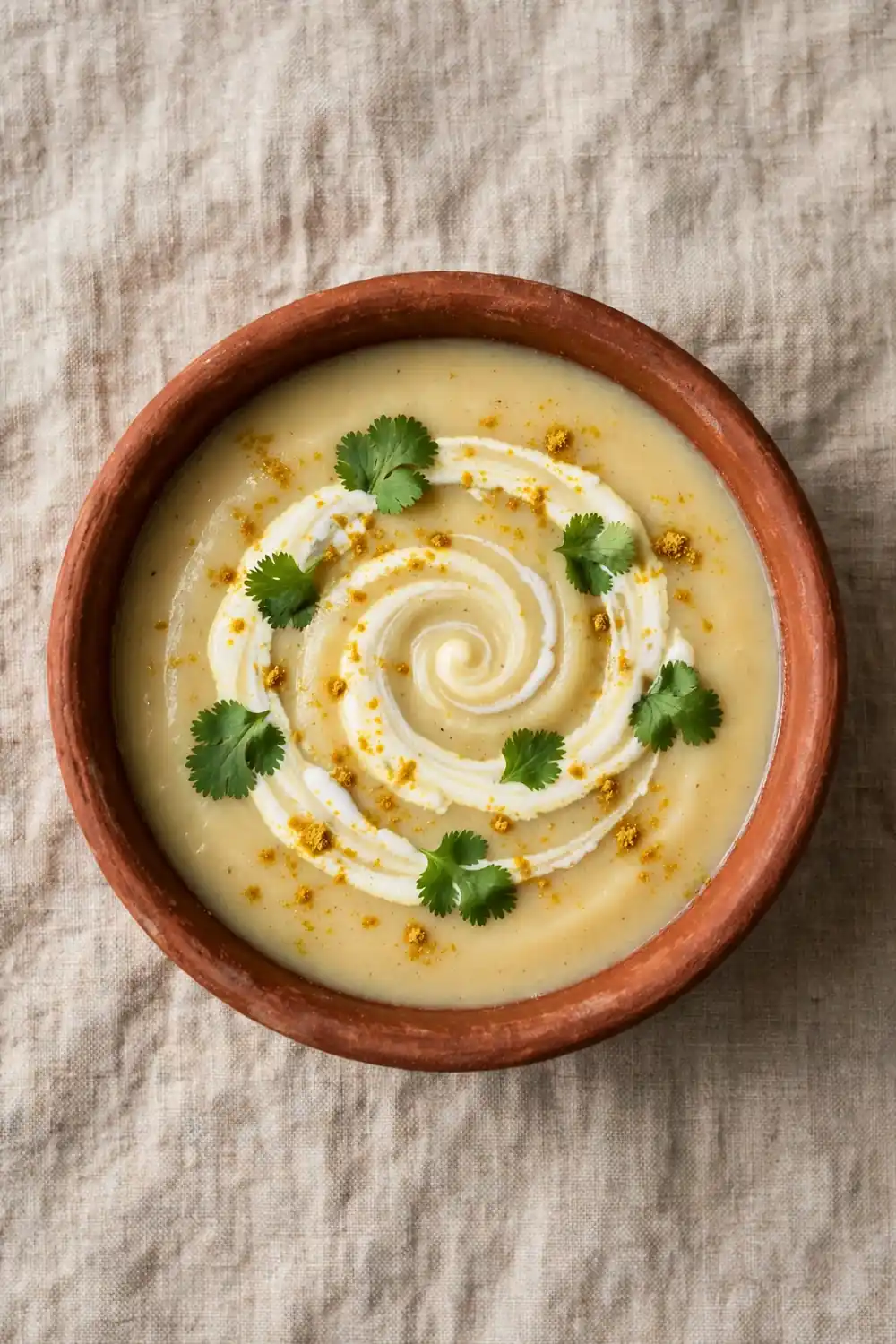 Parsnip soup with coconut cream swirl, curry powder, and cilantro in a terracotta bowl