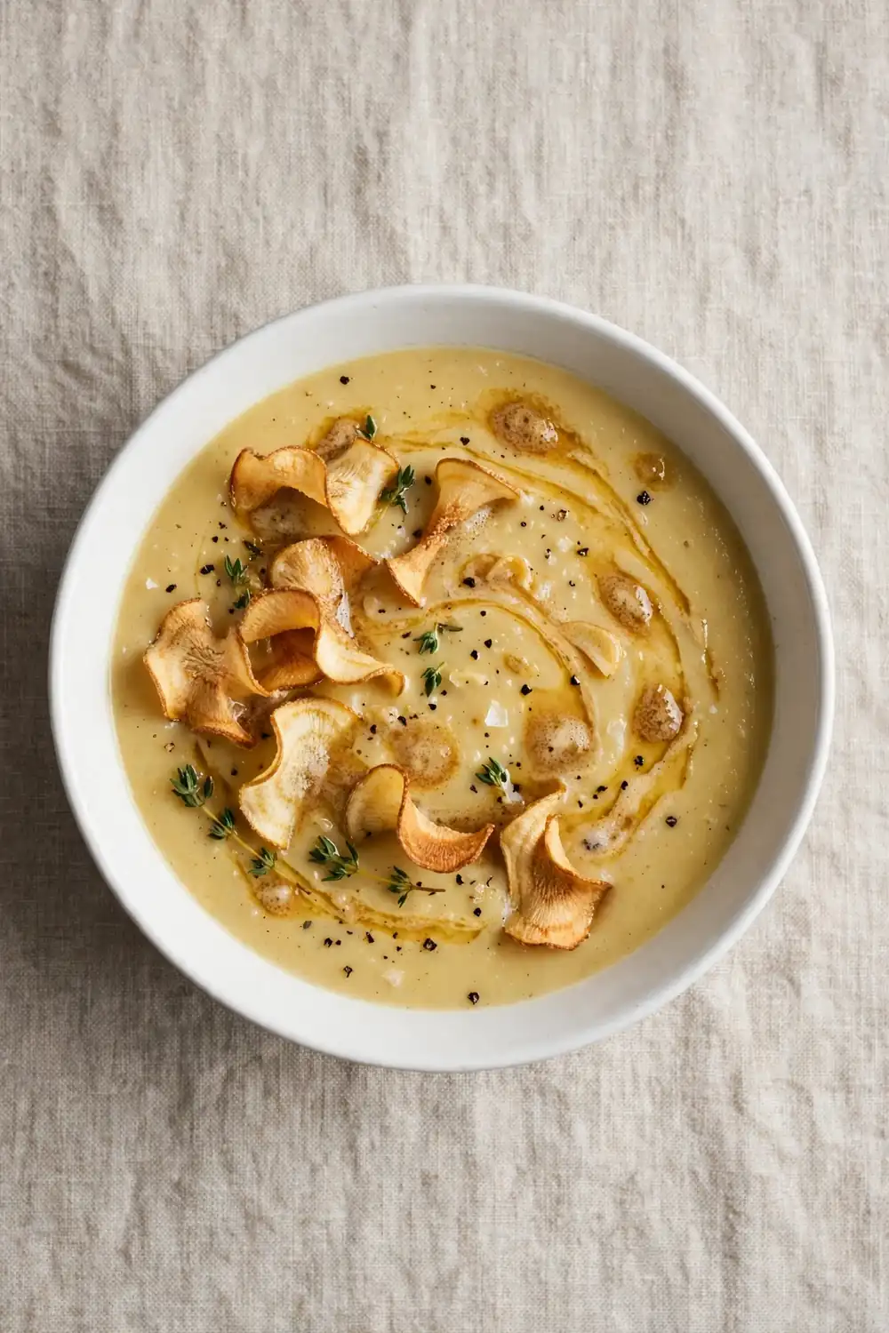 Parsnip soup with brown butter drizzle and crisp parsnip chips in a white bowl