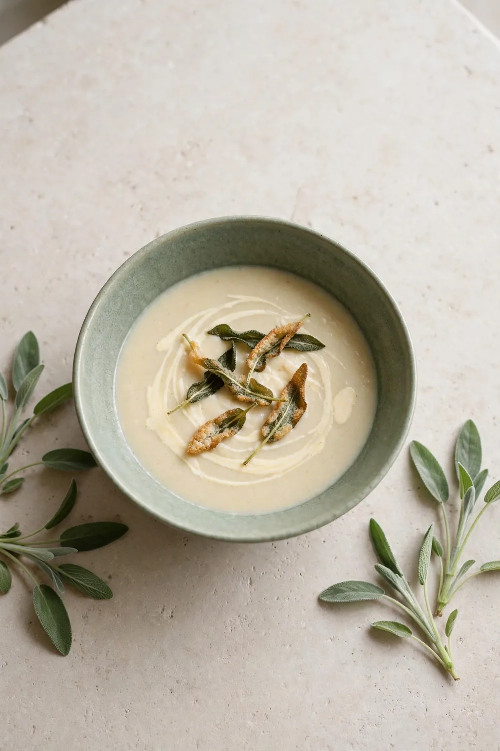 Parsnip soup topped with crispy sage leaves and cream in a green bowl