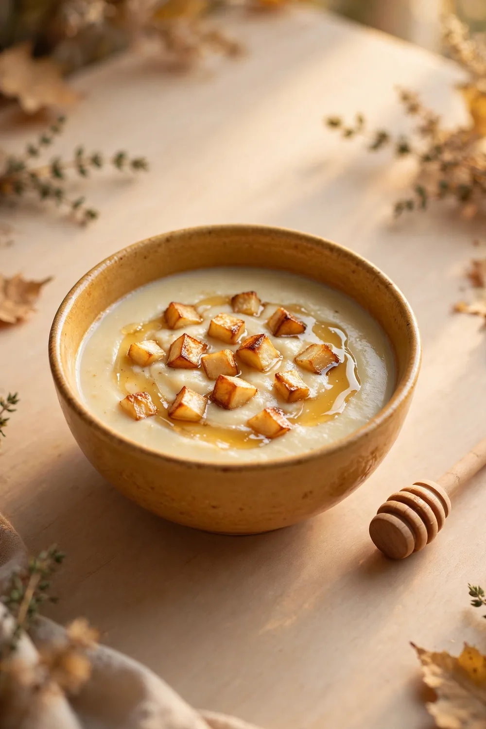 Parsnip soup with honey drizzle and roasted parsnip cubes in a honey toned bowl