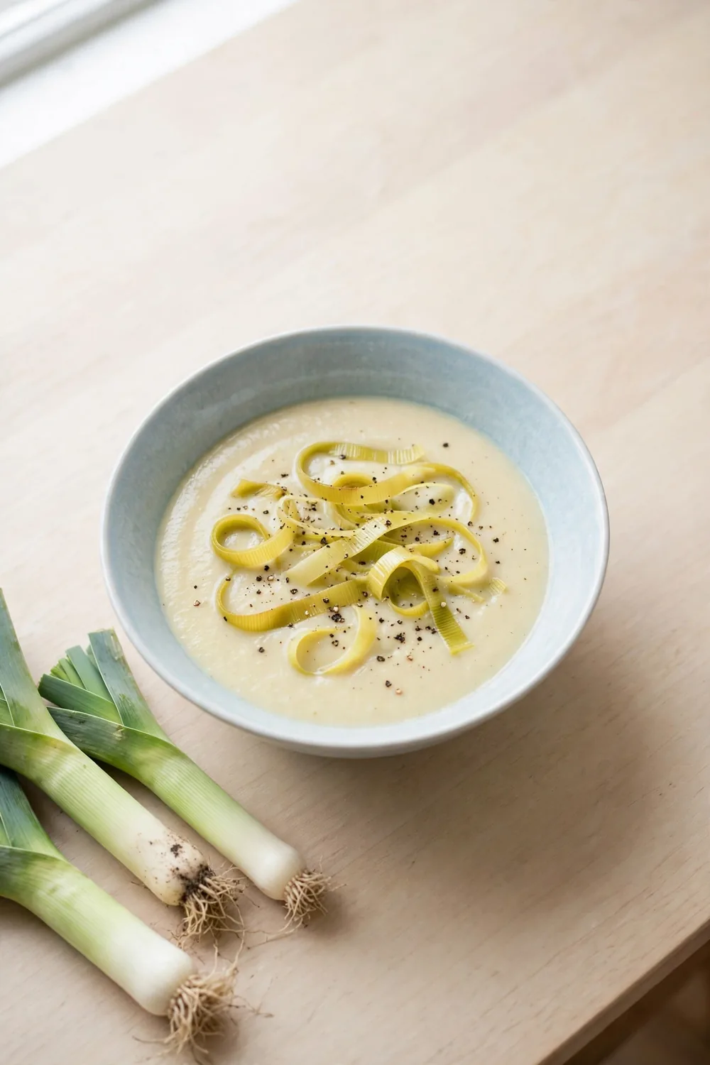 Parsnip soup topped with sauteed leek ribbons and black pepper in a blue bowl
