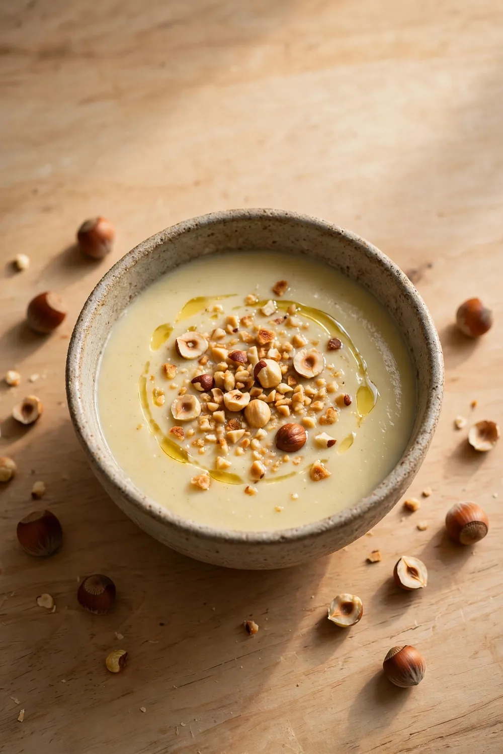 Parsnip soup topped with toasted hazelnuts and hazelnut oil in a stoneware bowl