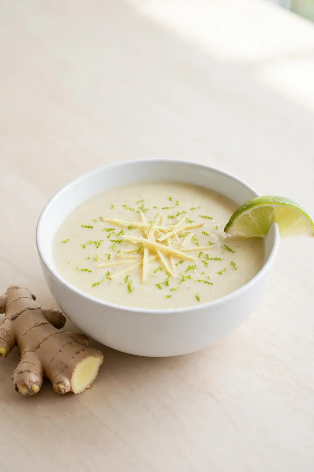 Parsnip soup with grated ginger, lime zest, and a lime wedge in a white bowl