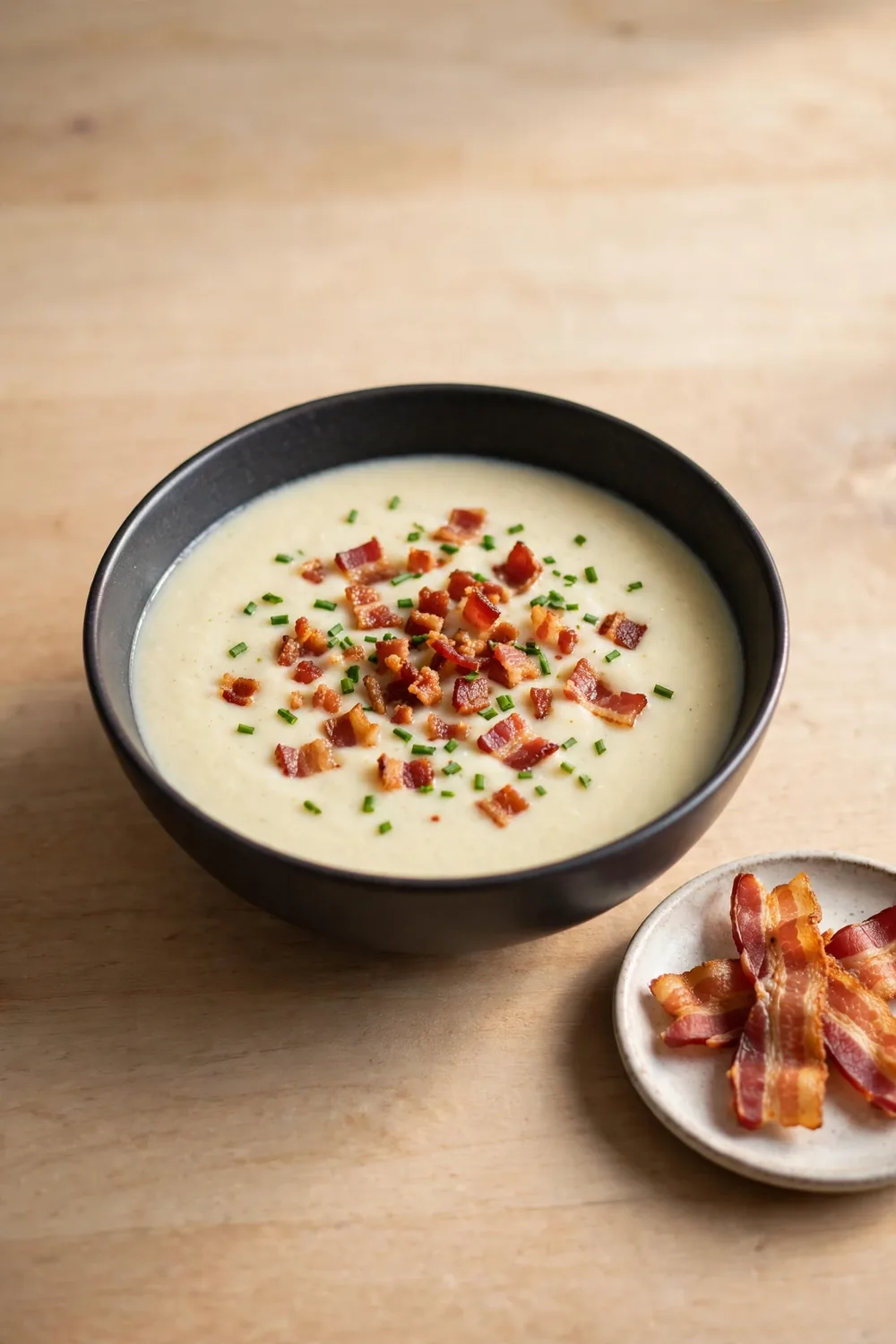 Parsnip soup topped with crispy bacon bits and chives in a charcoal bowl