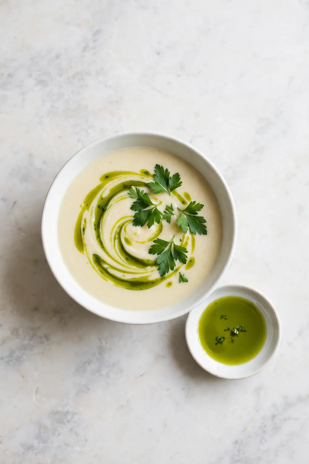 Parsnip soup finished with green herb oil swirl and parsley in a white bowl
