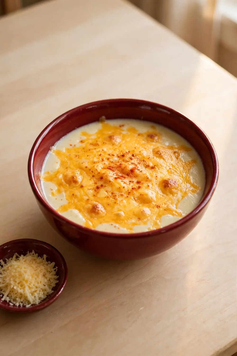 Parsnip soup topped with melted cheddar and paprika in a red bowl