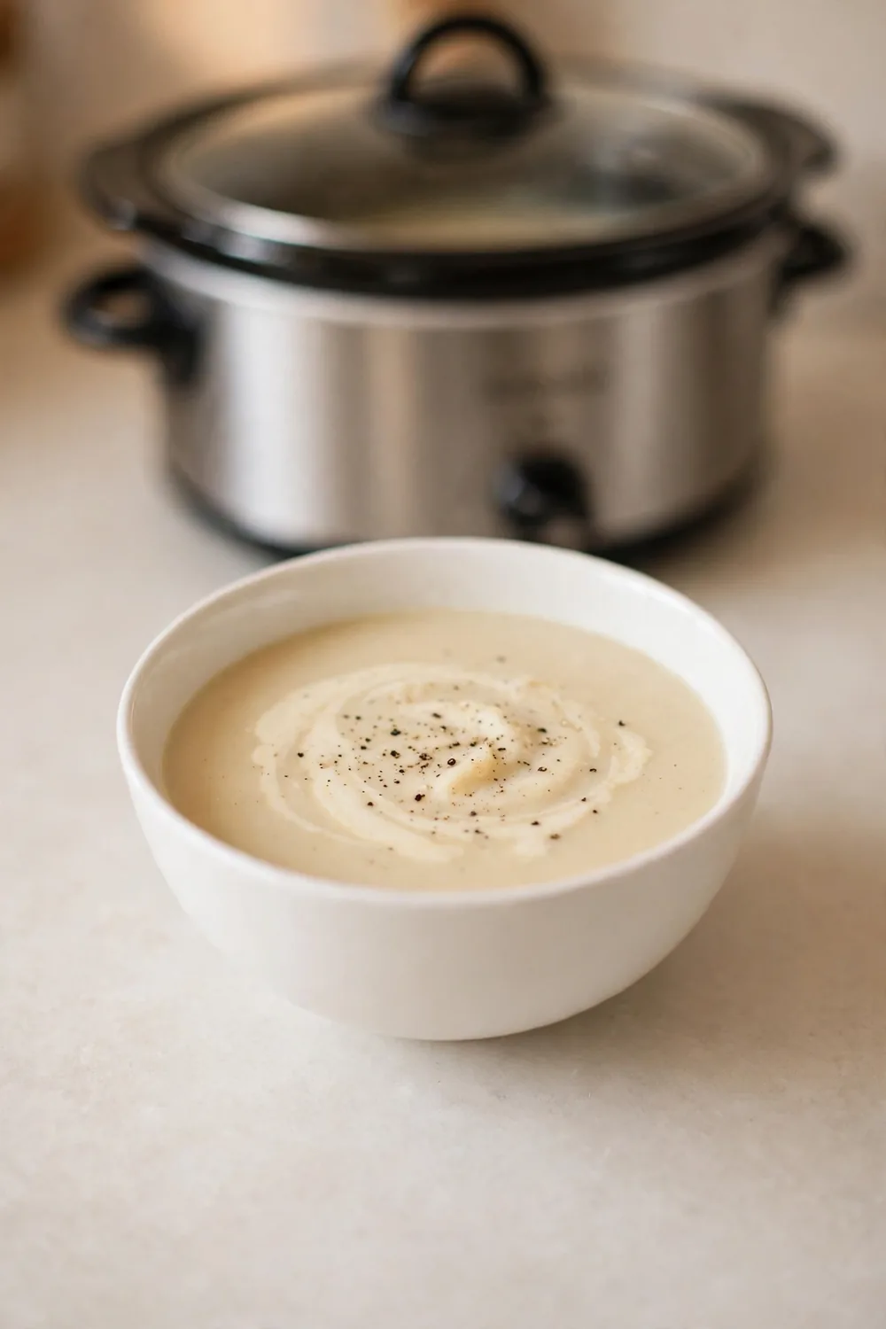 Parsnip soup in a white bowl with a cream swirl beside a slow cooker