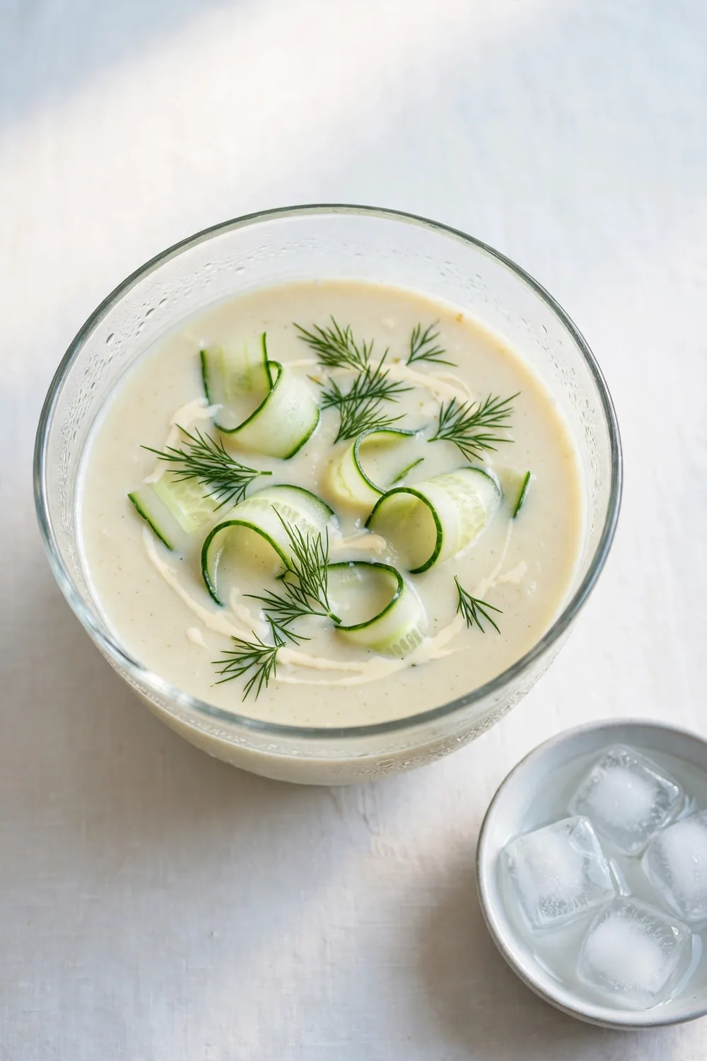 Chilled parsnip soup with cucumber ribbons and dill in a glass bowl