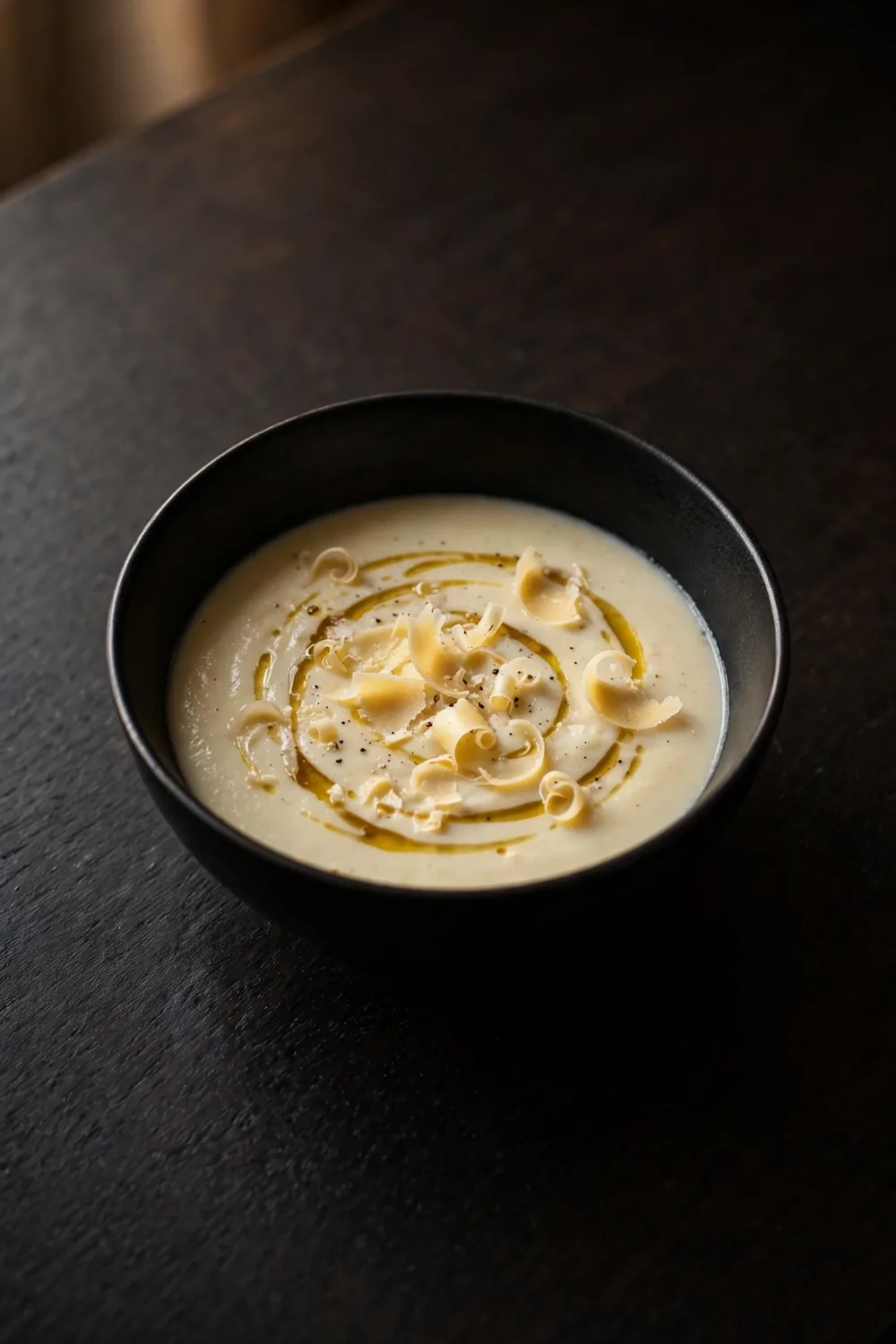 Parsnip soup with truffle oil drizzle and parmesan curls in a black bowl