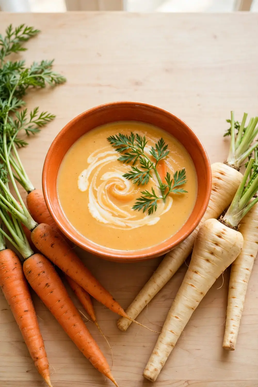 Carrot parsnip soup with a cream swirl in an orange bowl